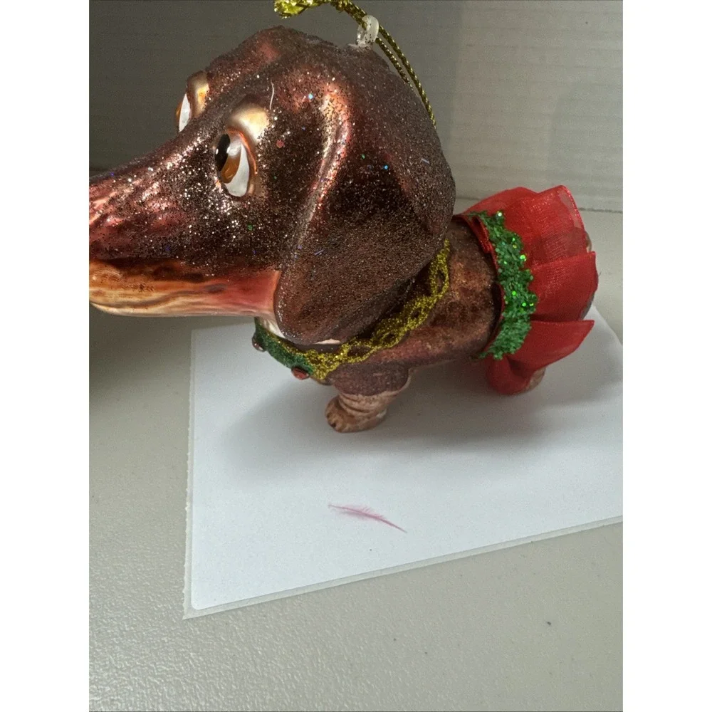 Robert Stanley Vintage Christmas Blown Glass Ornament Brown Dog W‎ Red Tutu